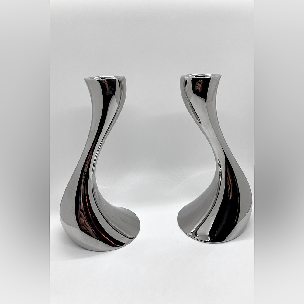 Vtg Gorg Jensen Denmark ‘ Cobra ‘ Stainless Steel Candle Holders / 6.5” Tall